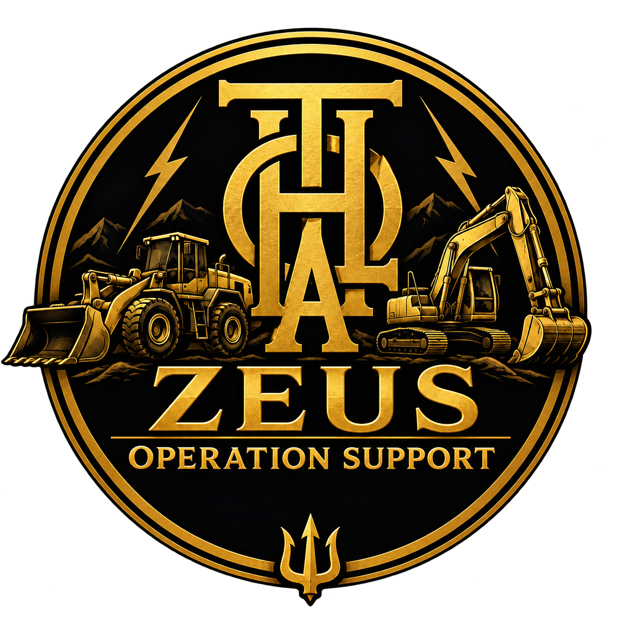 ZEUS Operation Support gold badge featuring a loader, excavator and lightning bolts